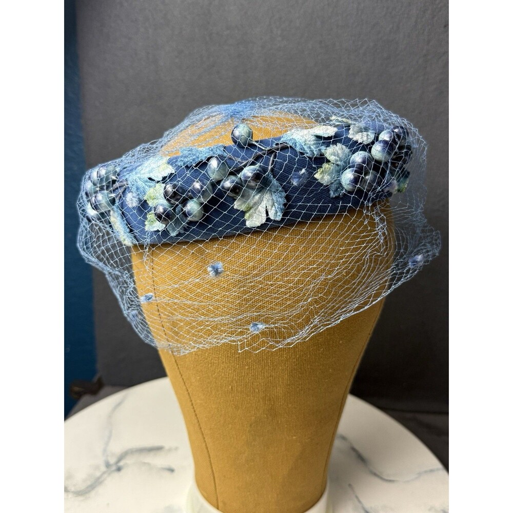 Vintage 1950s Royal Blue Velvet Pillbox Hat Birdcage Veil Floral Beaded Union US